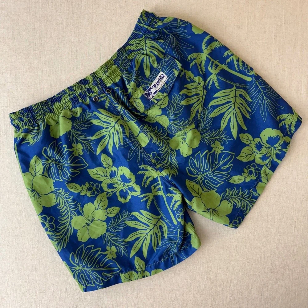 Trunks Surf & Swim Co Mens Large Blue Green Floral Tropical Hibiscus Swim Trunks